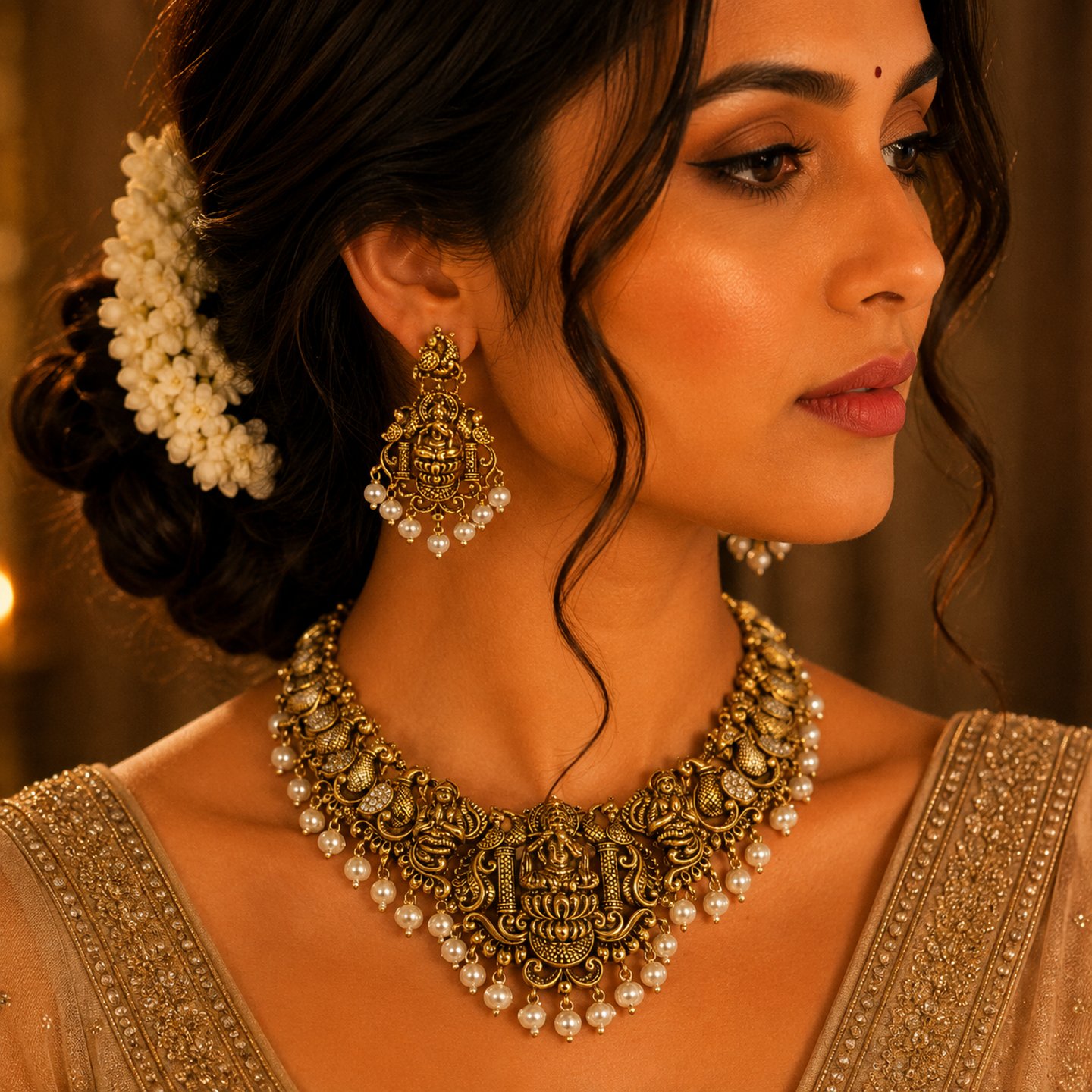 Poonam Traditonal Lakshmi Devi Temple Choker Necklace Set