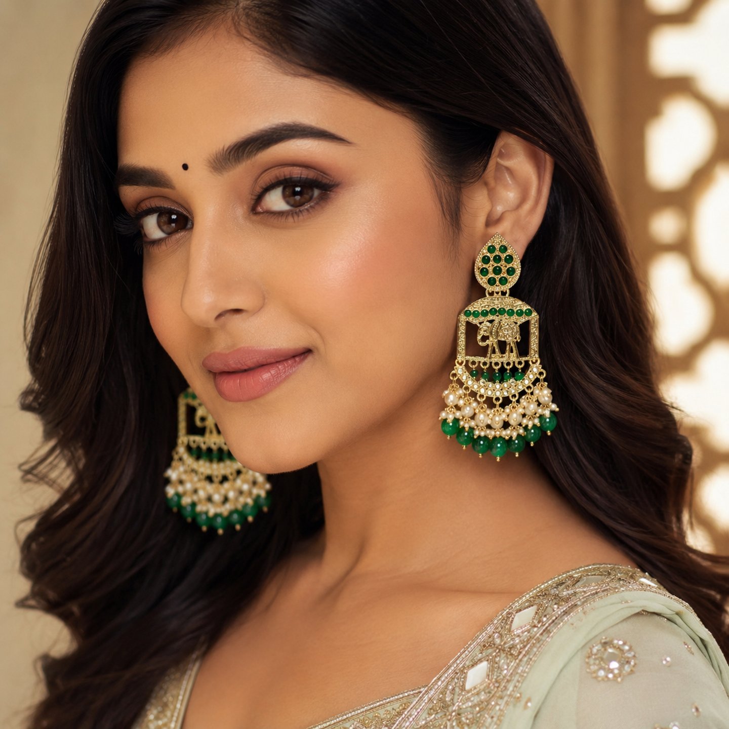 Radhika Elephant Design Kundan Earrings with Hanging Pearls