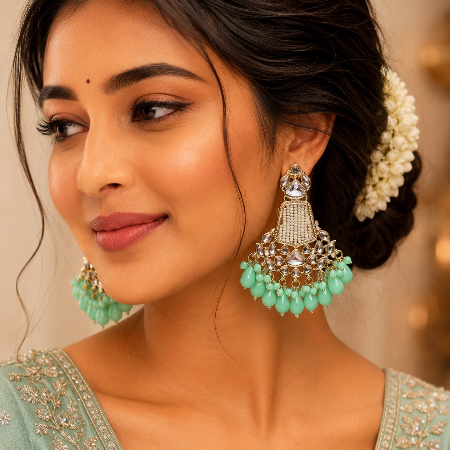 Himanshi Kundan Chandbali with Hanging Pearls