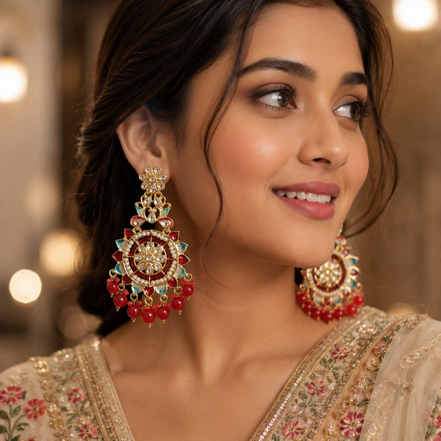 Maniya Kundan Meenakari Fusion Earrings with Hanging Pearls