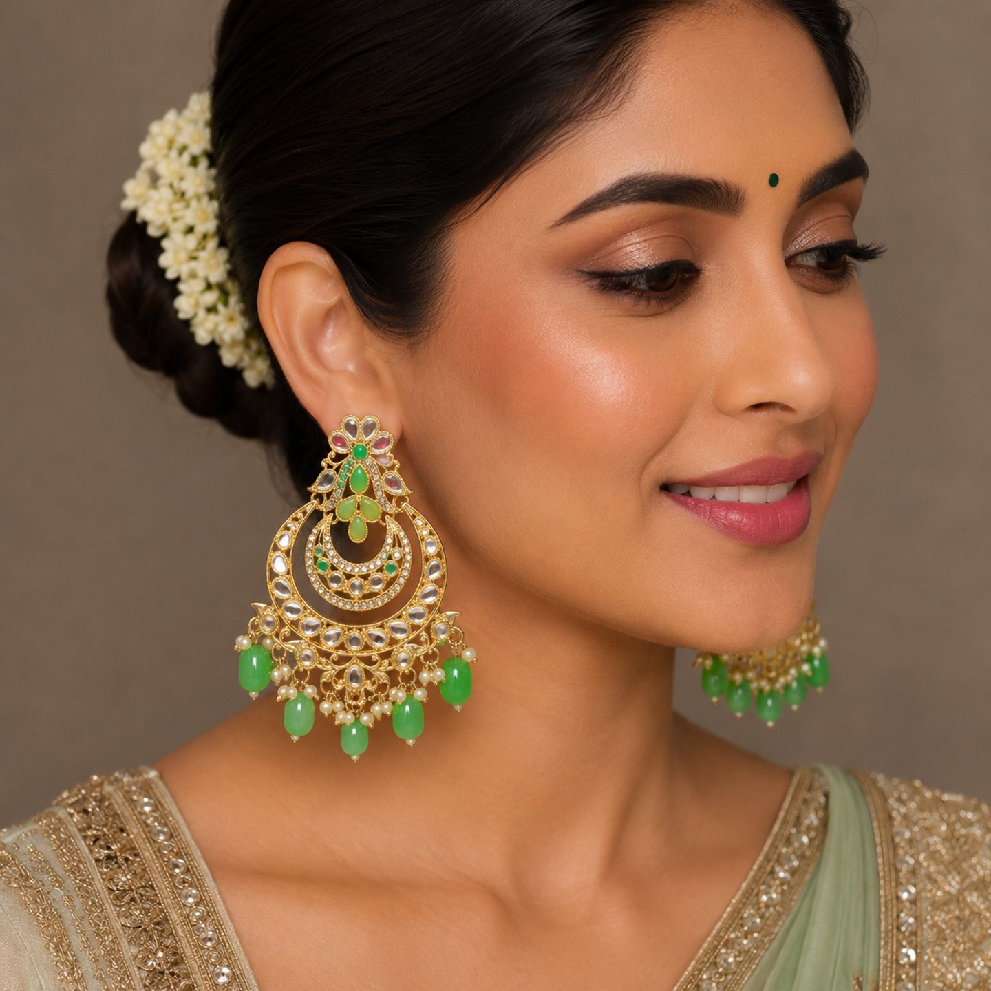 Milan Mirror Stone Chandbalis with Hanging Pearls