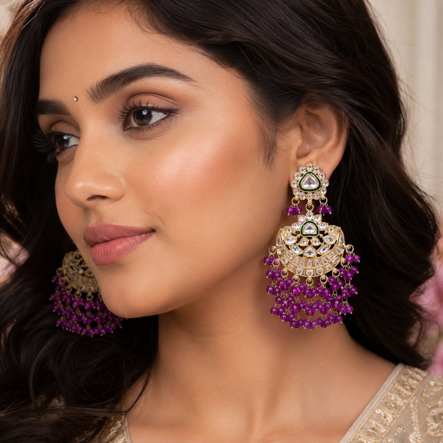 Ratna Kundan Chandbali with Hanging Purple Small Crystals