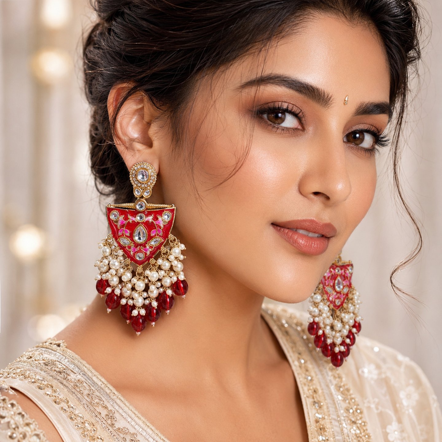 Aandi Meenakari Earrings with Chandbali Hanging Pearls