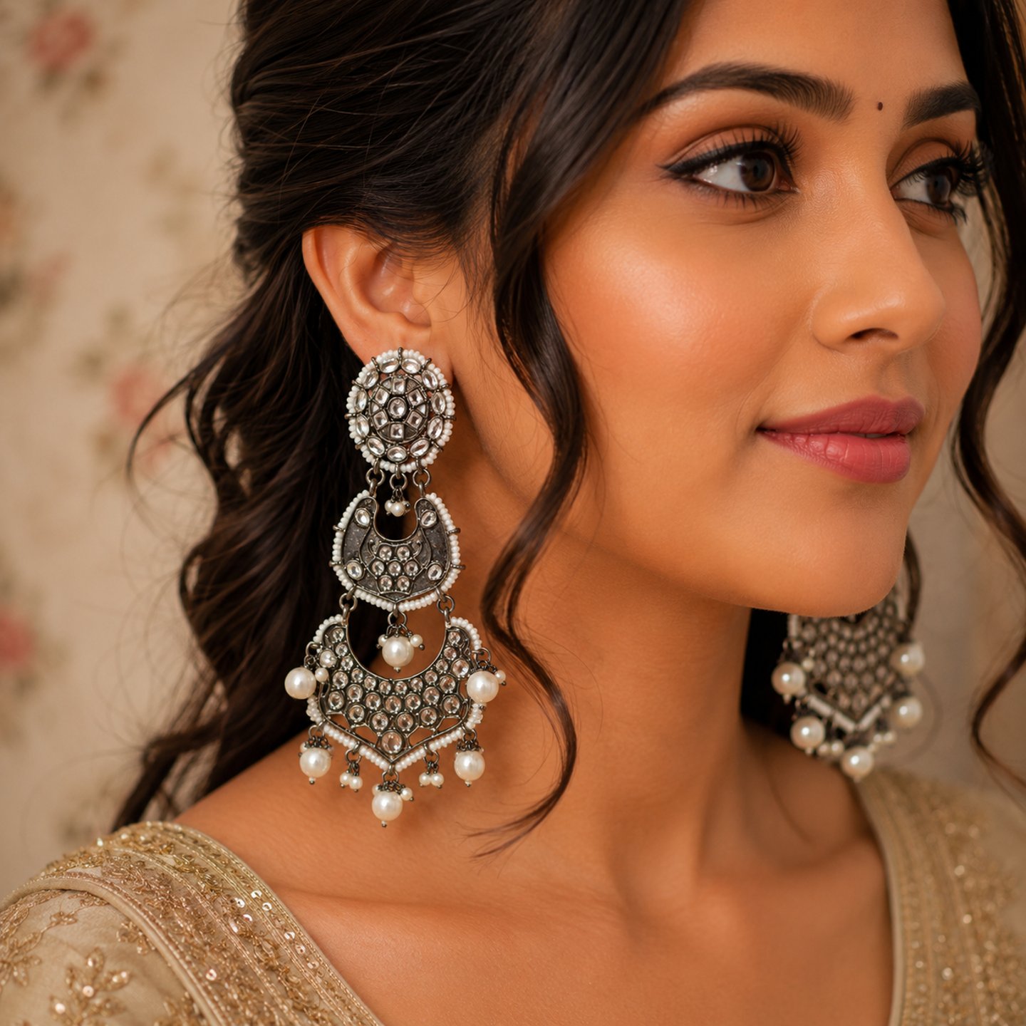Aashita Triple Step Kundan Statement Earrings