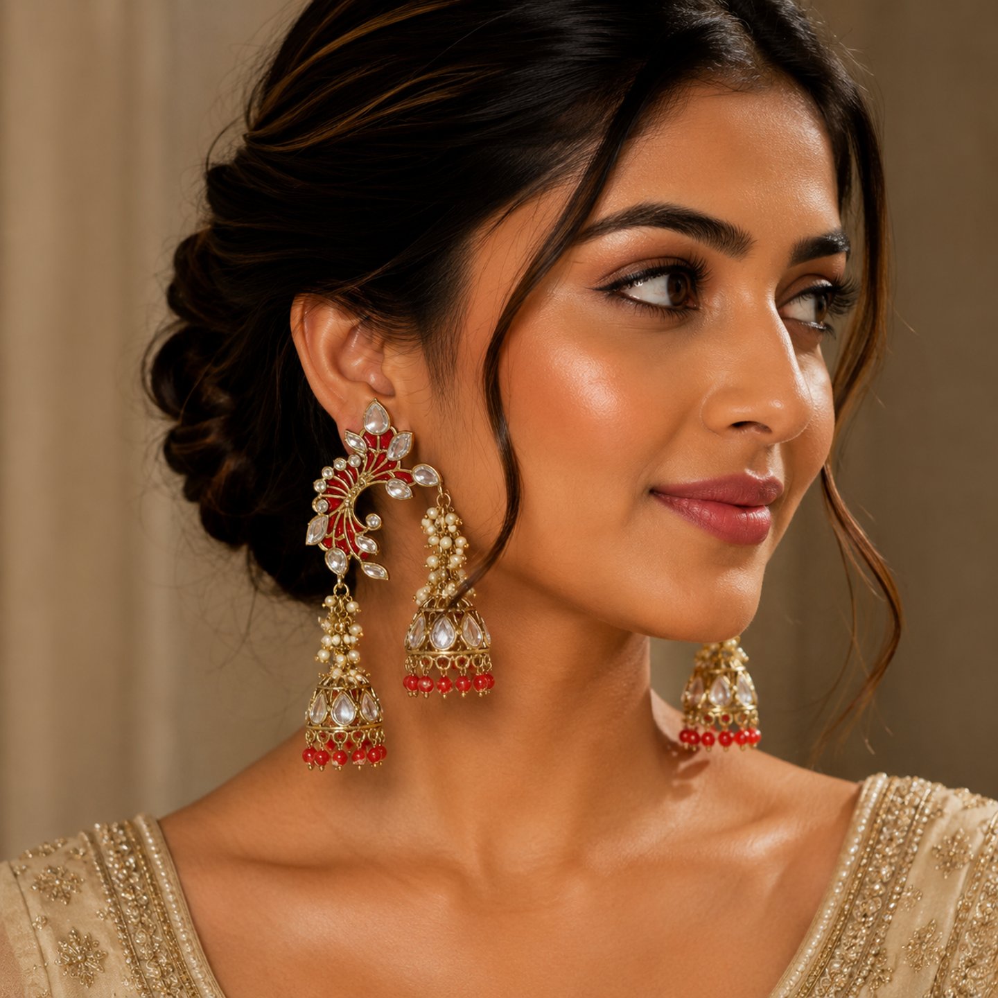 Monika Kundan Designer Earrings with Hanging Jhumka