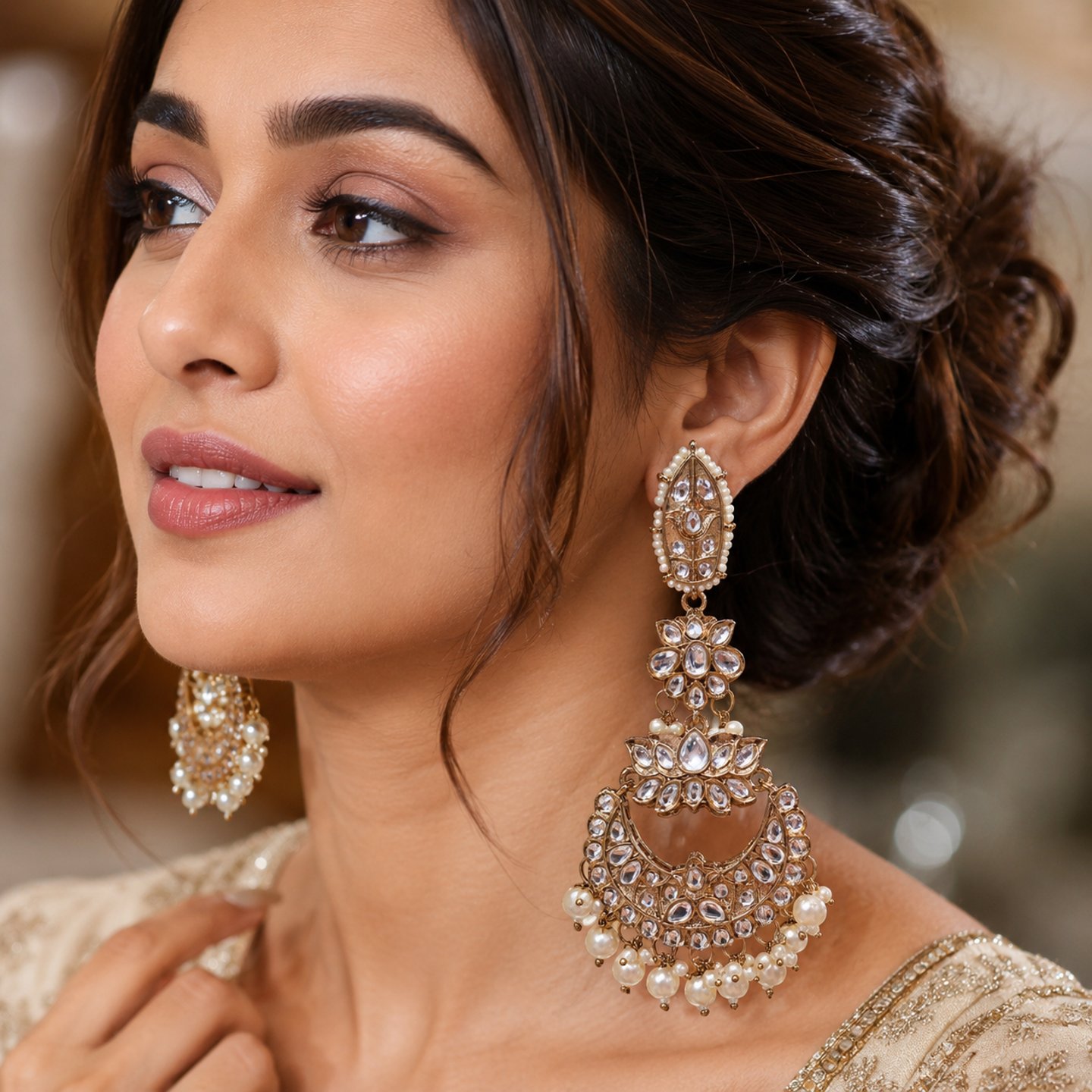 Ishika Kundan Chandbali with Hanging Pearls Earrings
