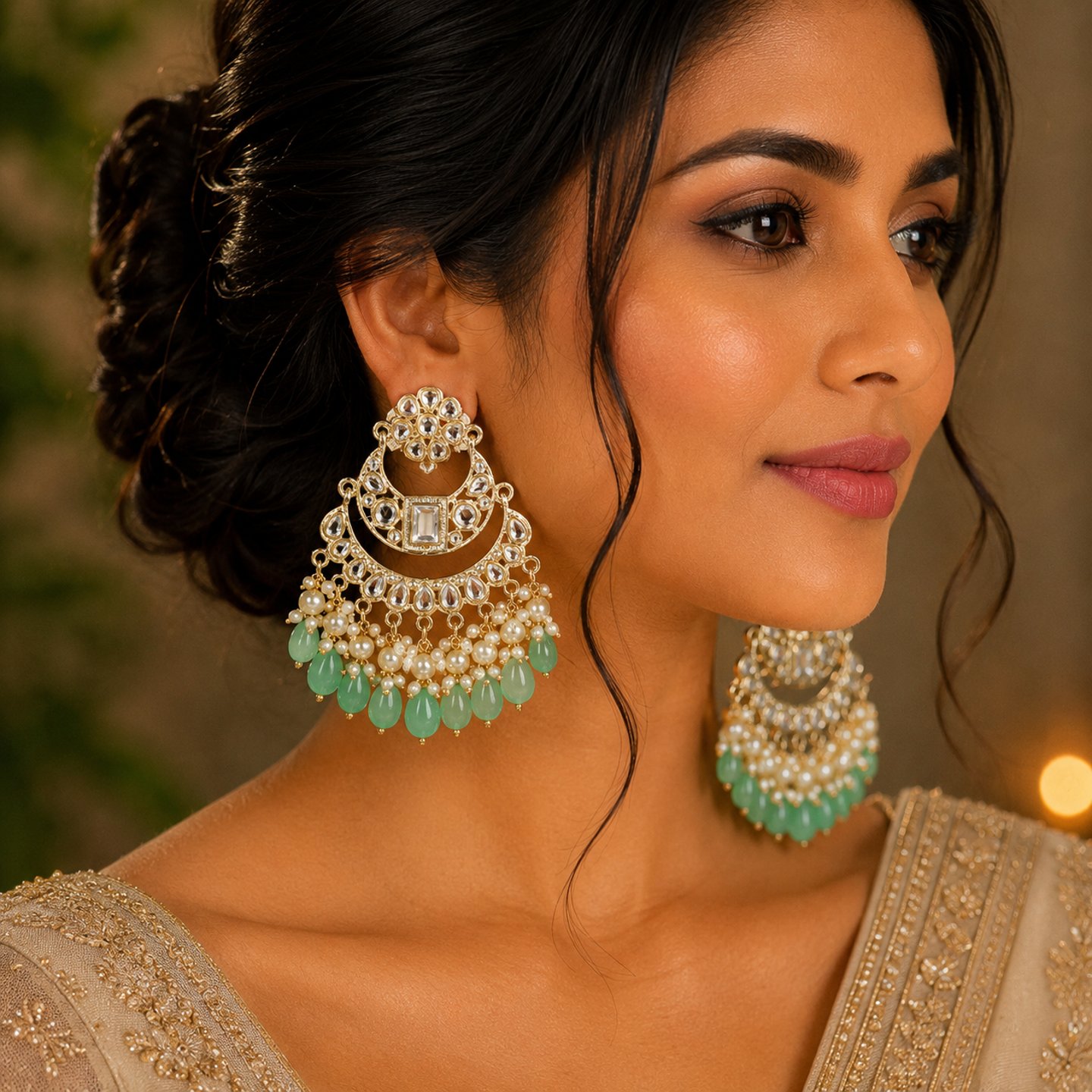 Nakshita Kundan Chandbali with Hanging Pearls