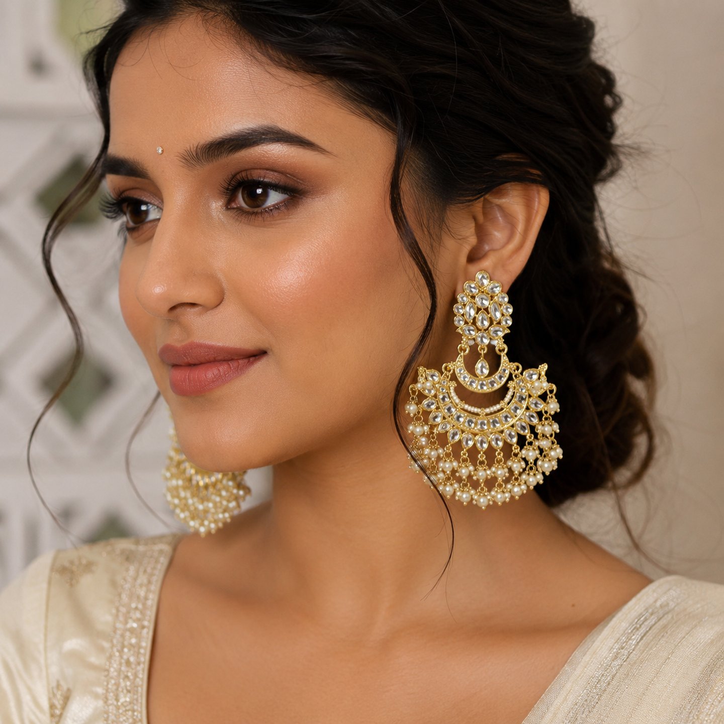 Bhumika Kundan Chandbali with Hanging Pearls
