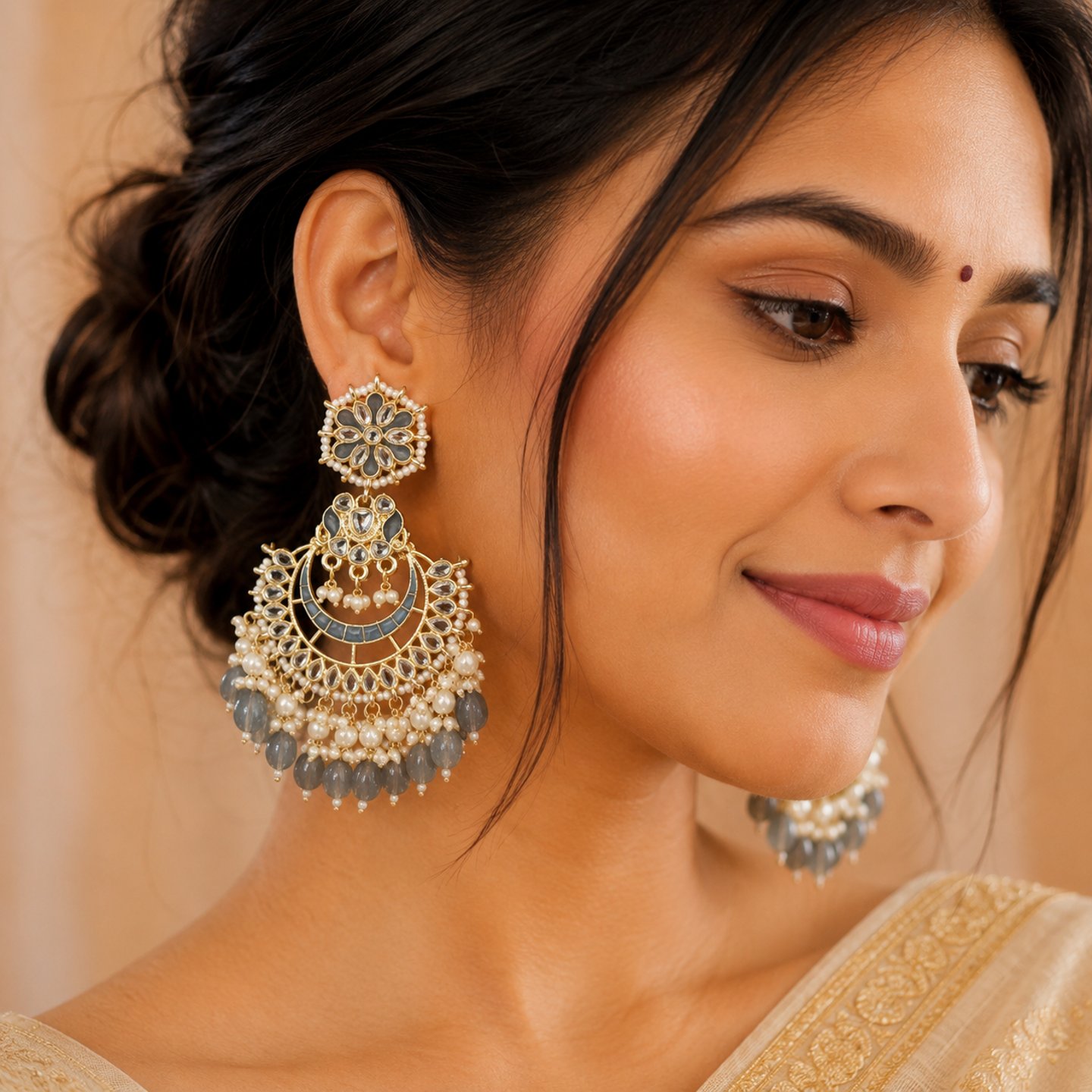 Kalpita Kundan Chandbalis with Hanging Pearls