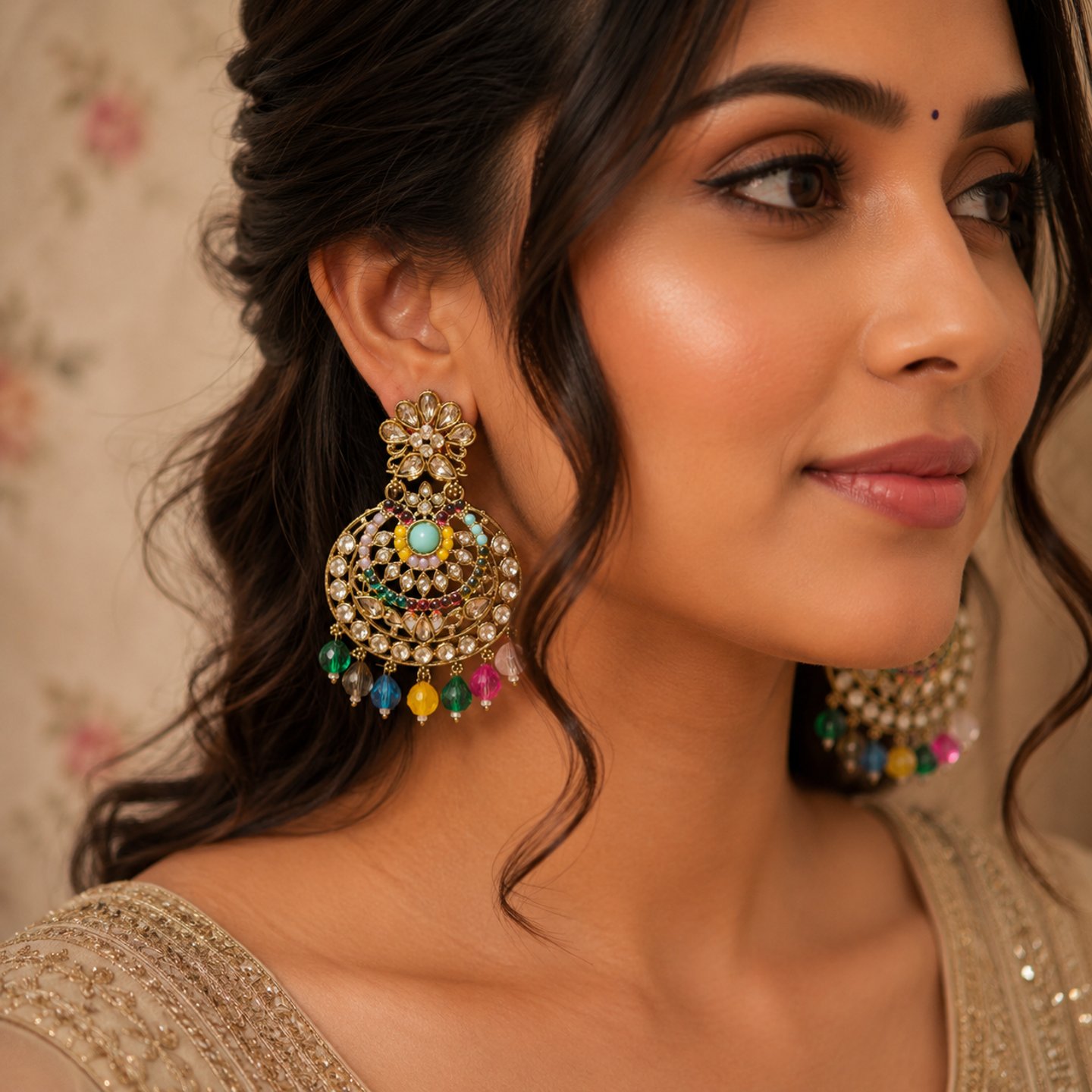 Yamini Jhadu Pearls Earrings with Multicolor Hanging