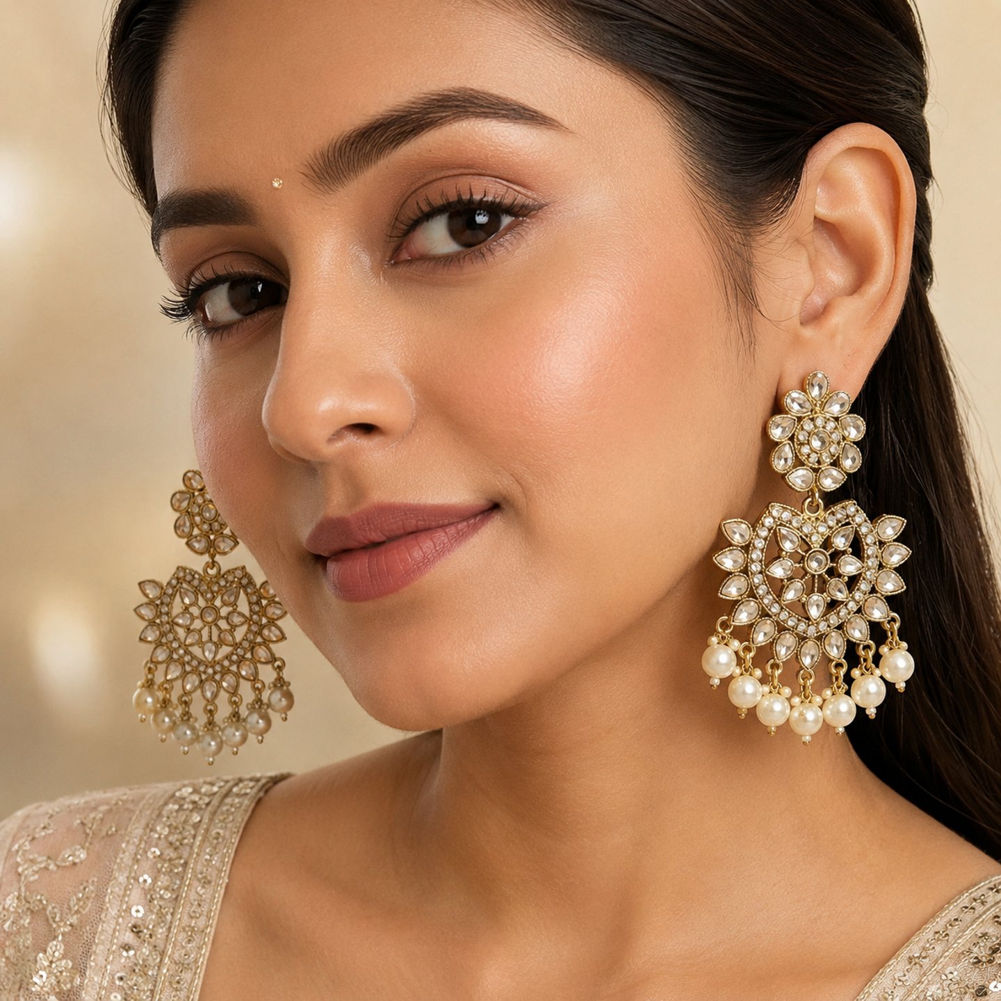 Sandhya Kundan Stone Earrings with Hanging Pearls