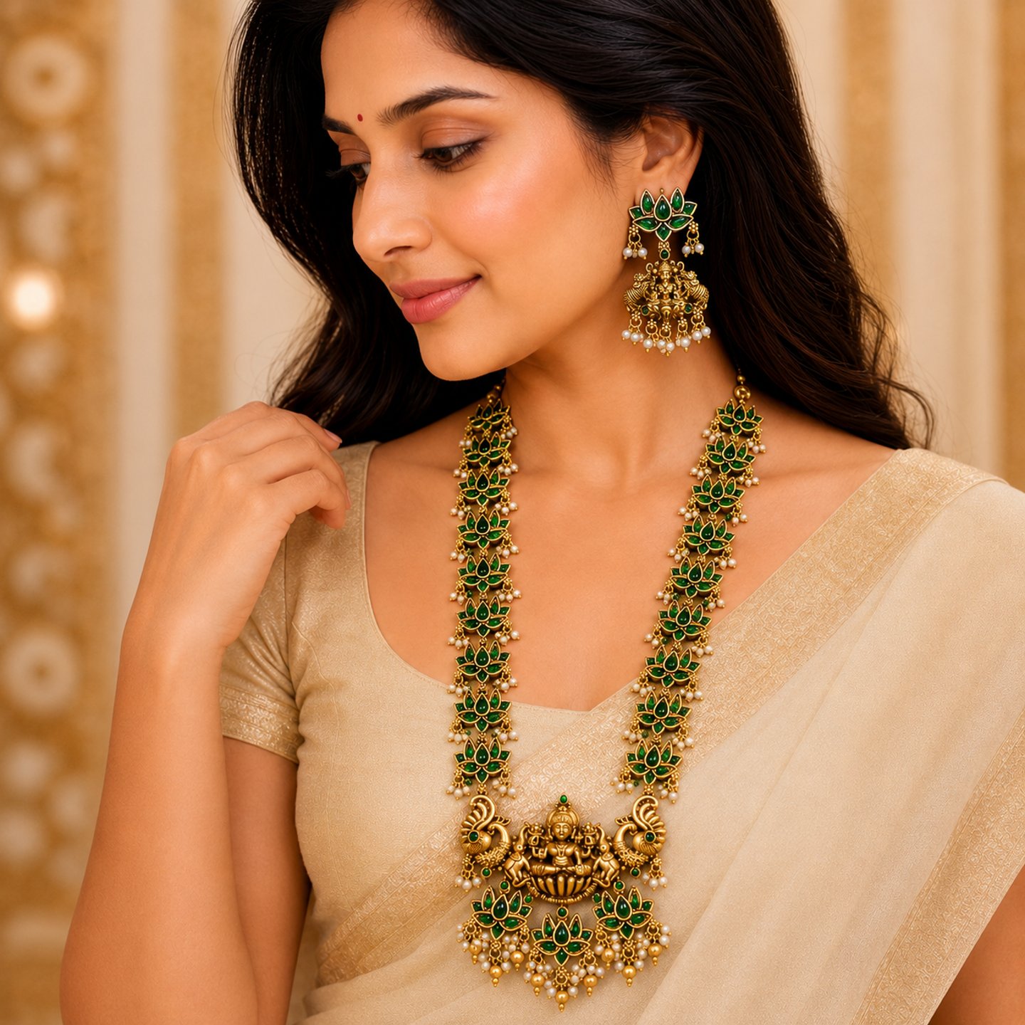 Niharika Antique Lakshmi Temple Haram & Jhumka Set