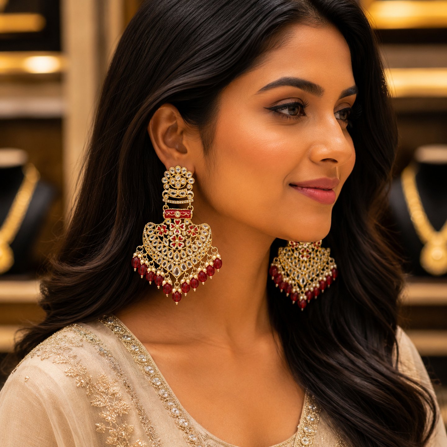 Shaanvi Kundan Chandbali with Hanging Pearls