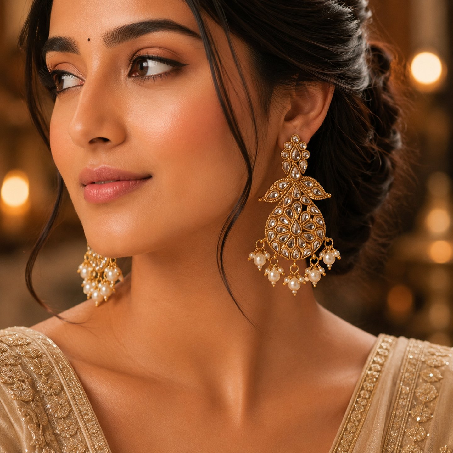 Rihana Gold Toned Kundan Polki Earring with Pearl Drop