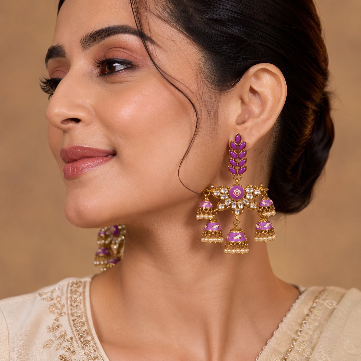 Simran Kundan Meenakari Earrings with Hanging Jhumka