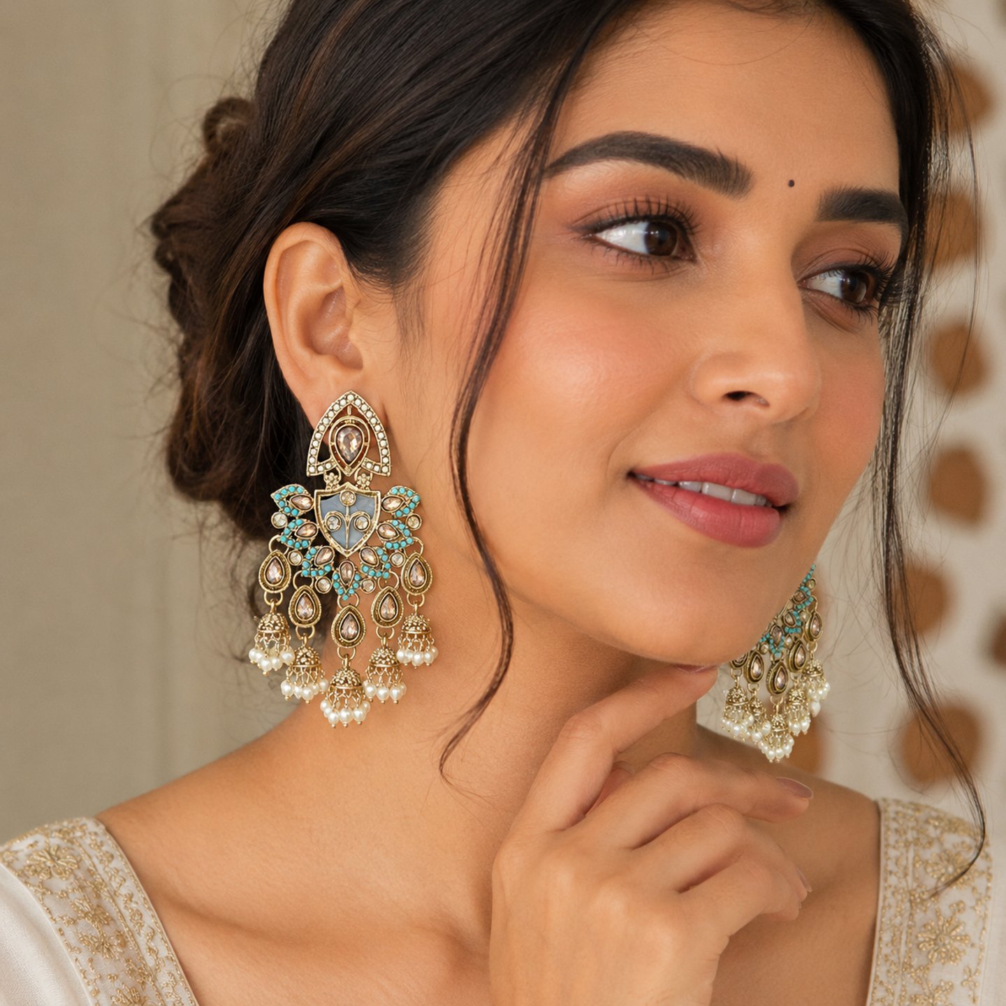 Vanshika Kundan MOP Earrings with Hanging Jhumka