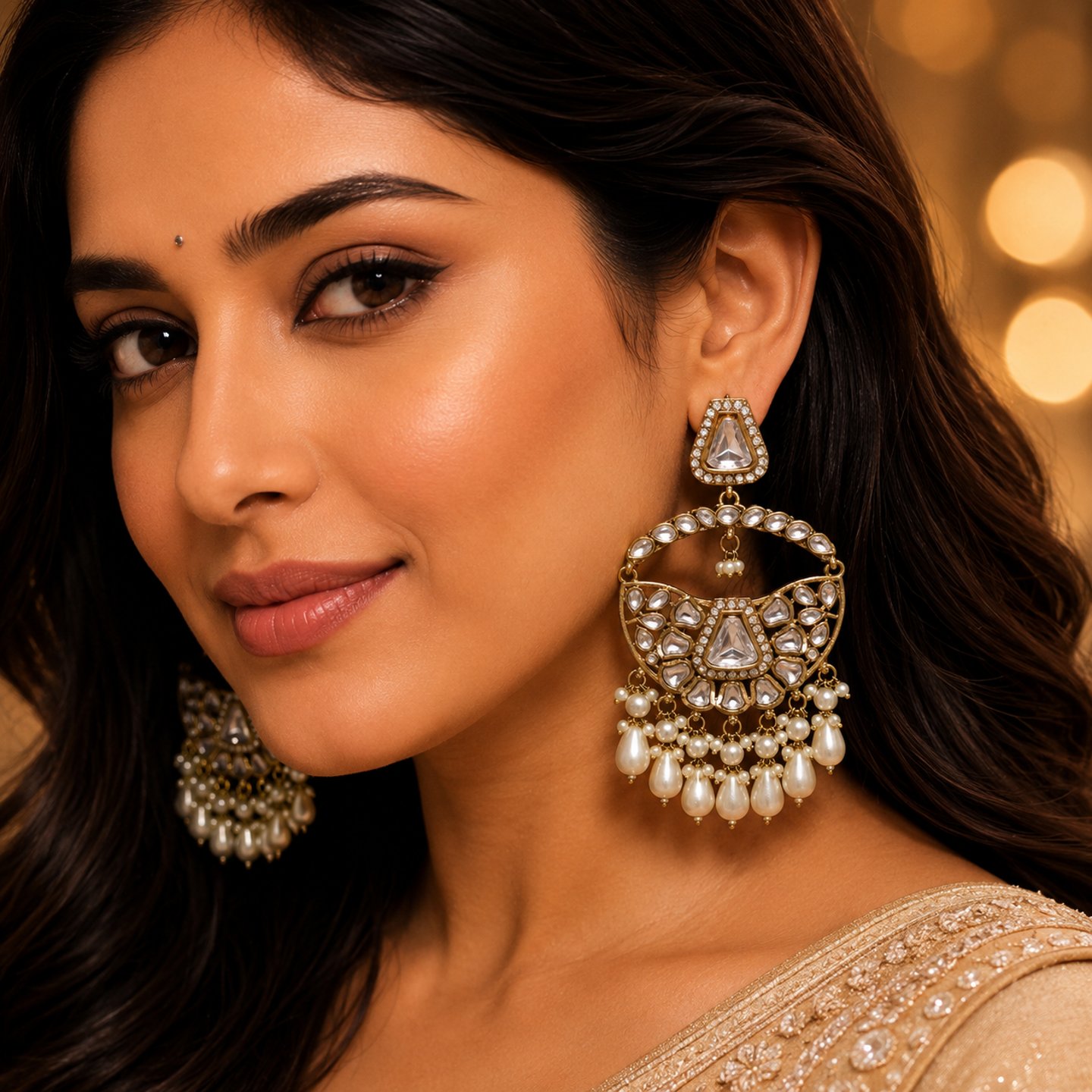 Sakshi Kundan Stone with Hanging Pearls Earrings