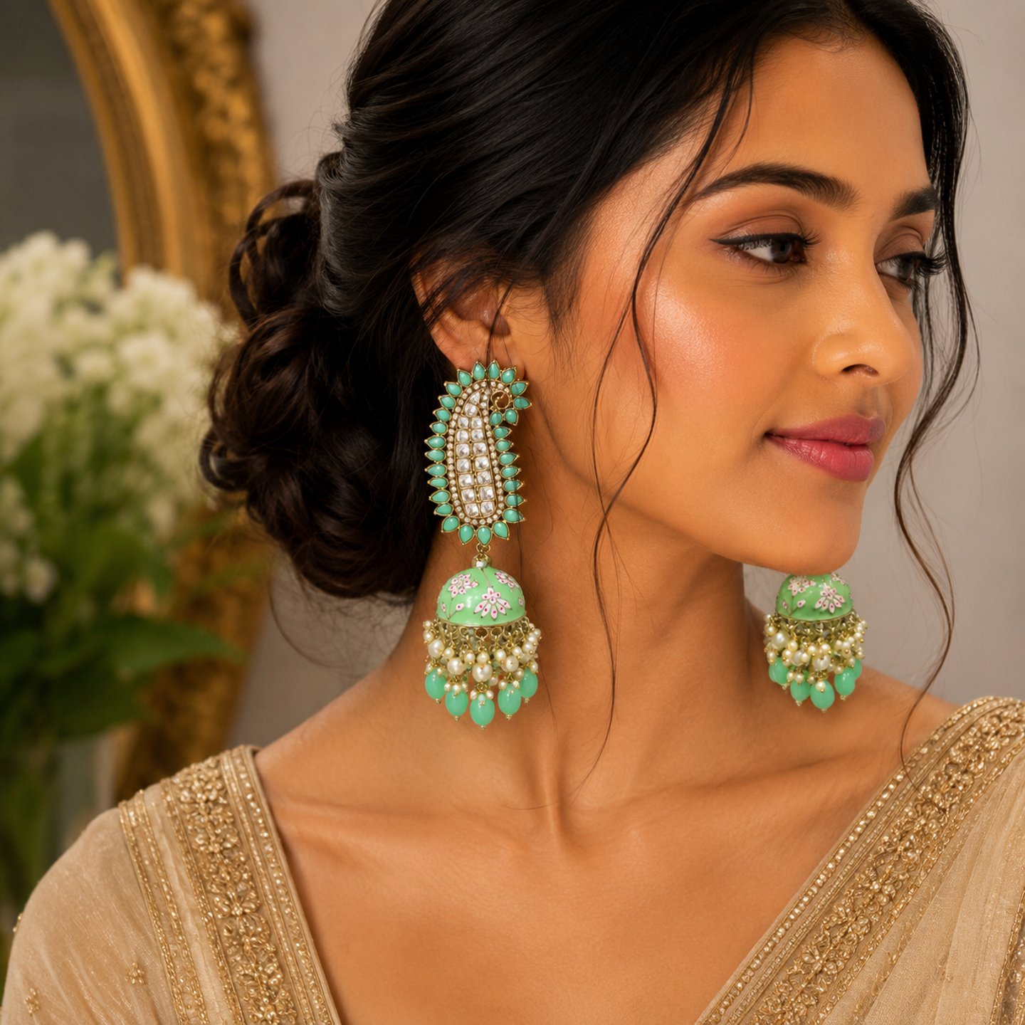 Isha Oversize Kundan Meenakari Jhumkas with Pearls Hanging