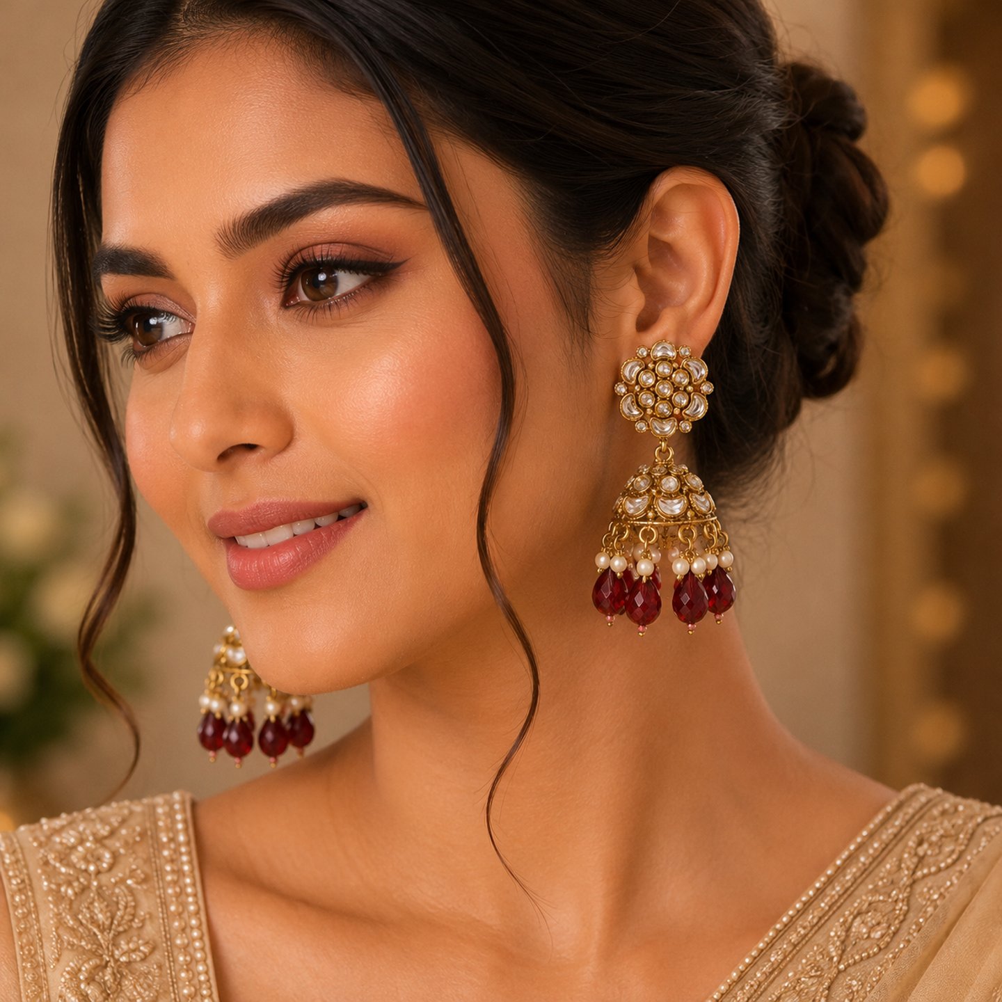 Sakshi Floral Desgin with Hanging Crystals Jhumkas