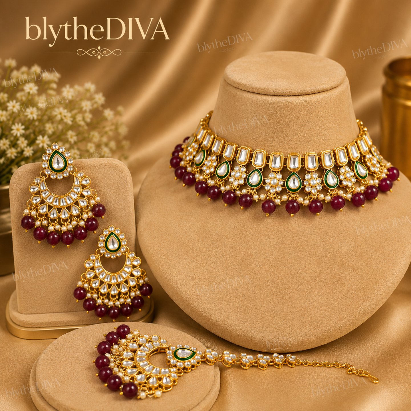 Kalpana Kundan and Pearls Hanging Necklace Set with Maang Tikka