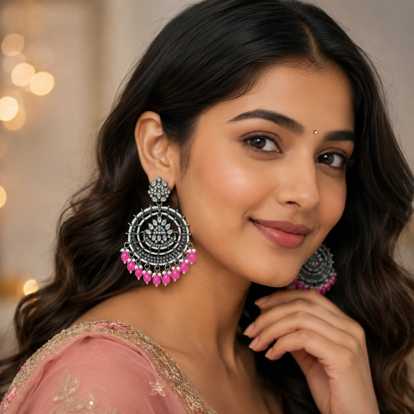 Parineeti Black Metal Round Chandbalis with Pearls Work