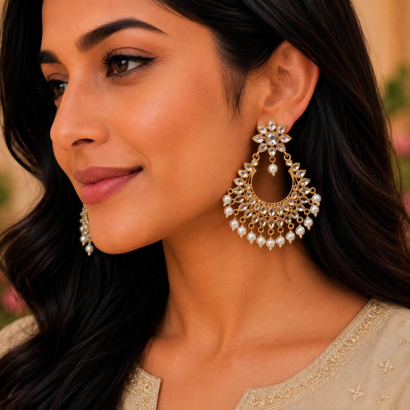 Vanshika Floral Design Kundan Stone Earrings with Hanging Pearls