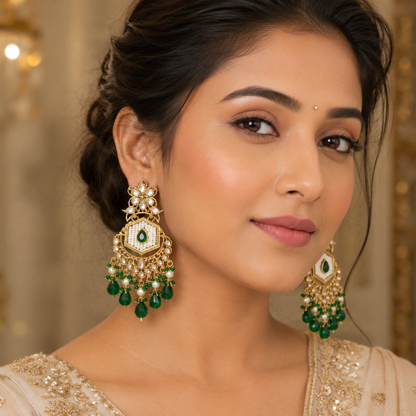 Alisha Kundan Earrings with Emerald Green Pearls
