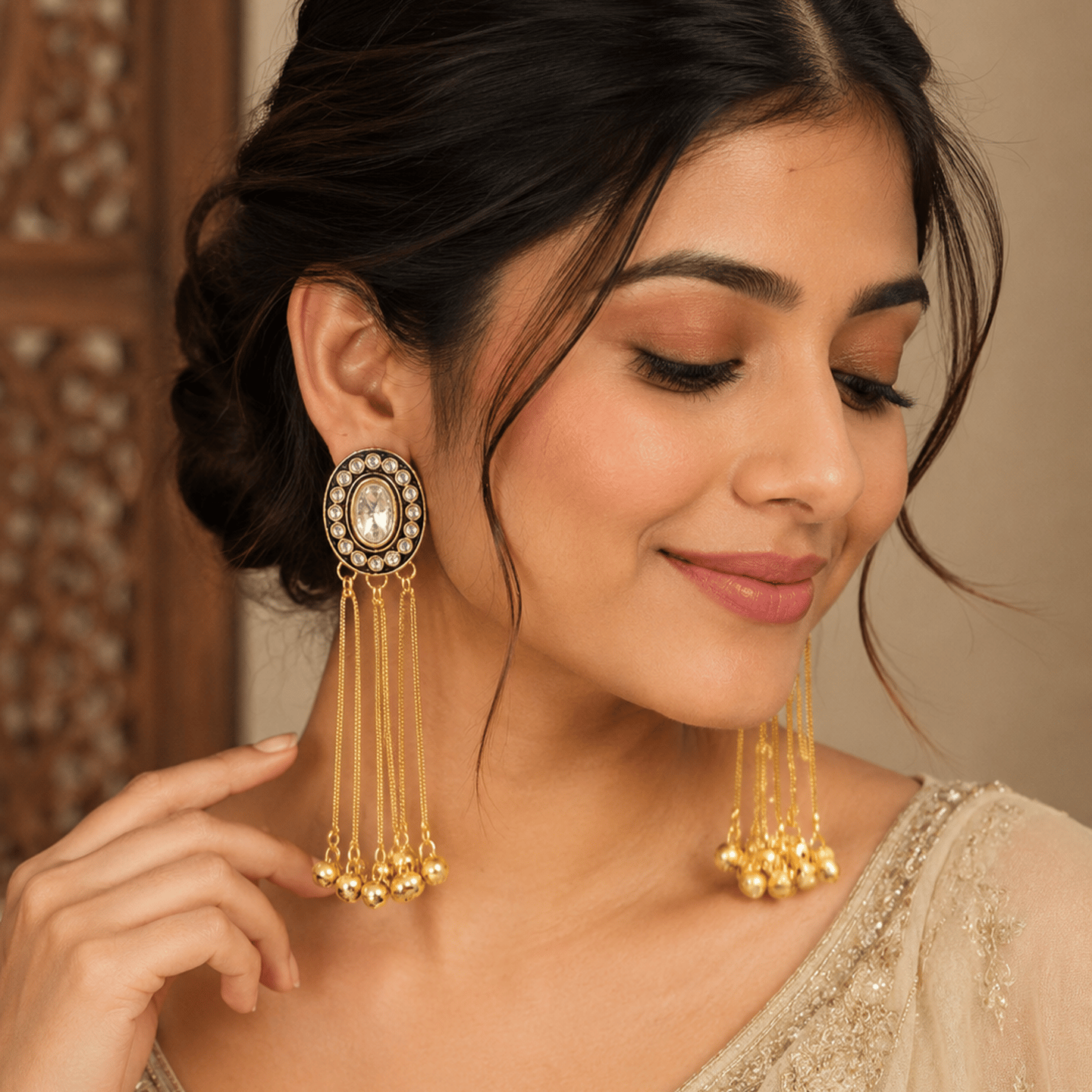 Shifa Uncut Kundan Kashmiri Earrings with Long Hanging Chain