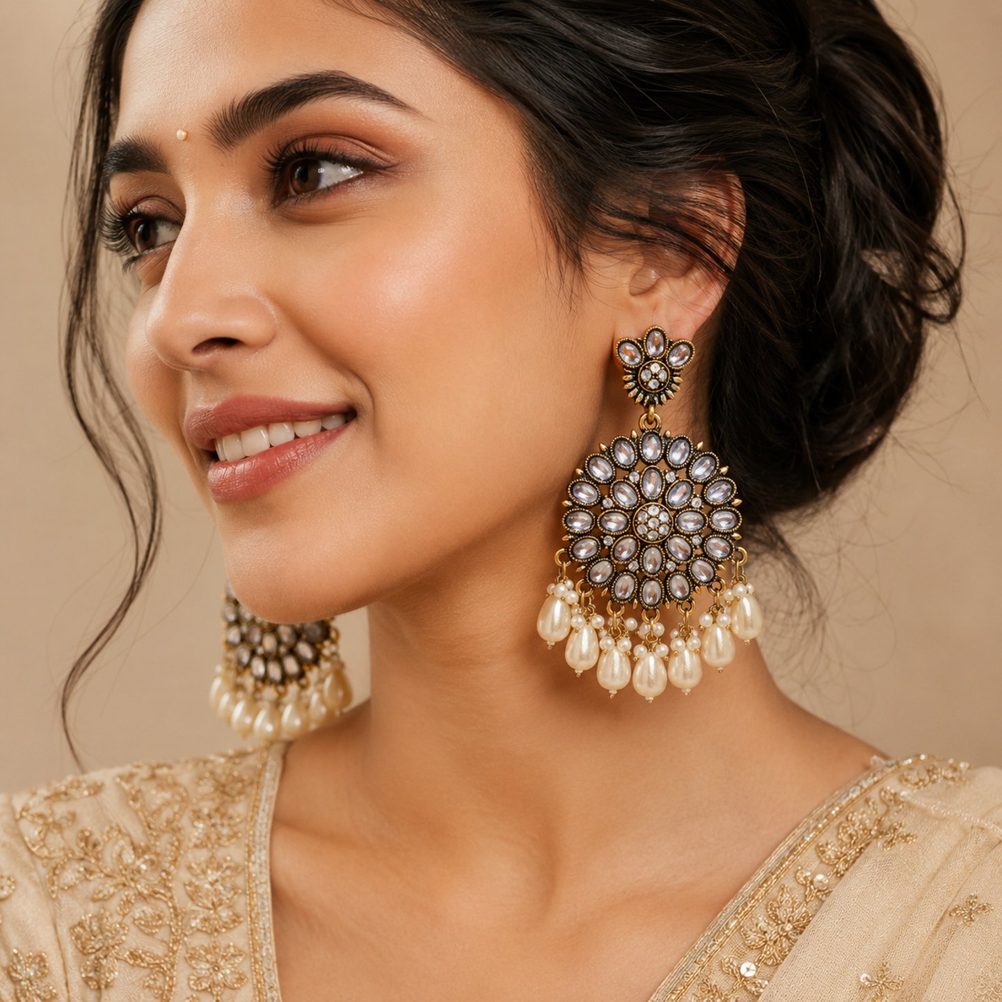 Nivanshi Kundan Earrings Oxidised Gold Hanging Pearls