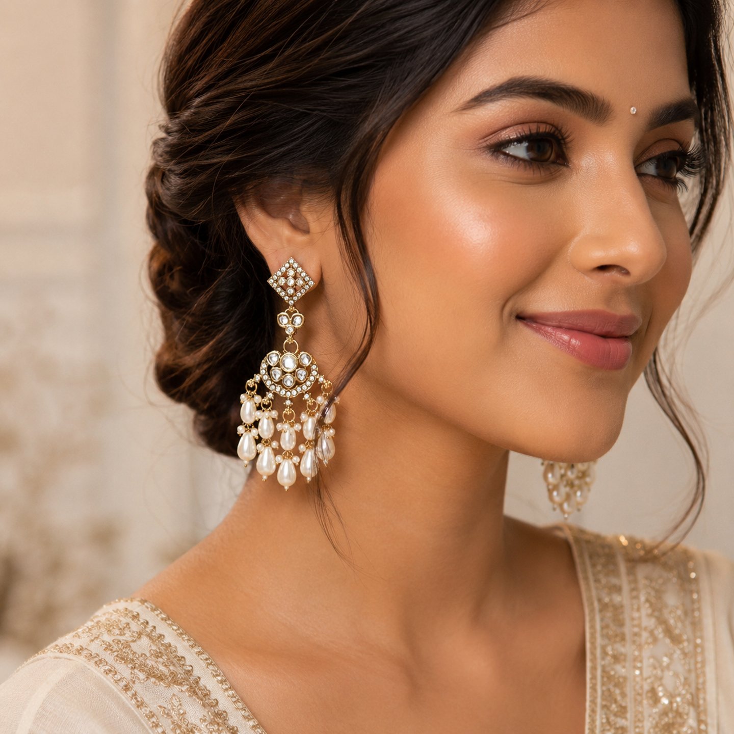 Vanisha Kundan Stone with Hanging Pearls Earrings