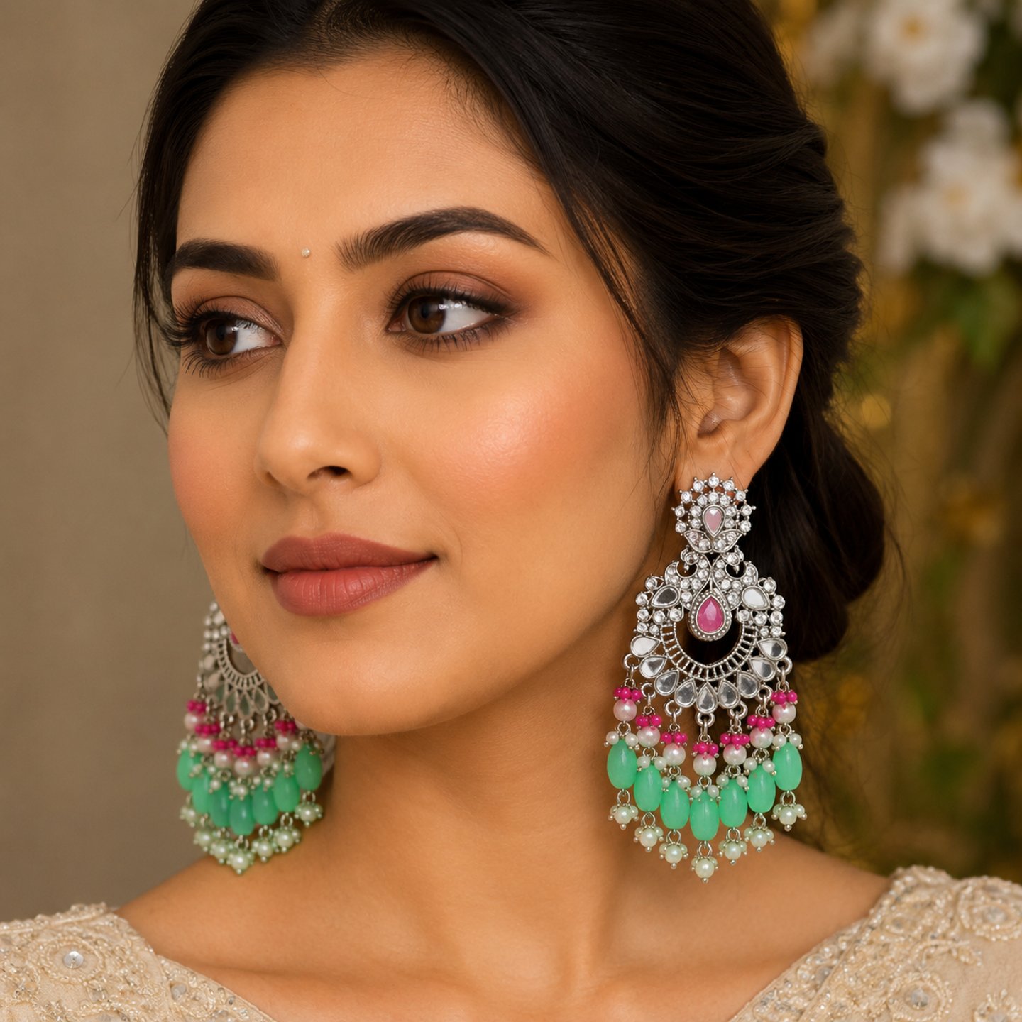Sangeeta Mirror Work Chandbali 2-Layer of Pearl Hanging