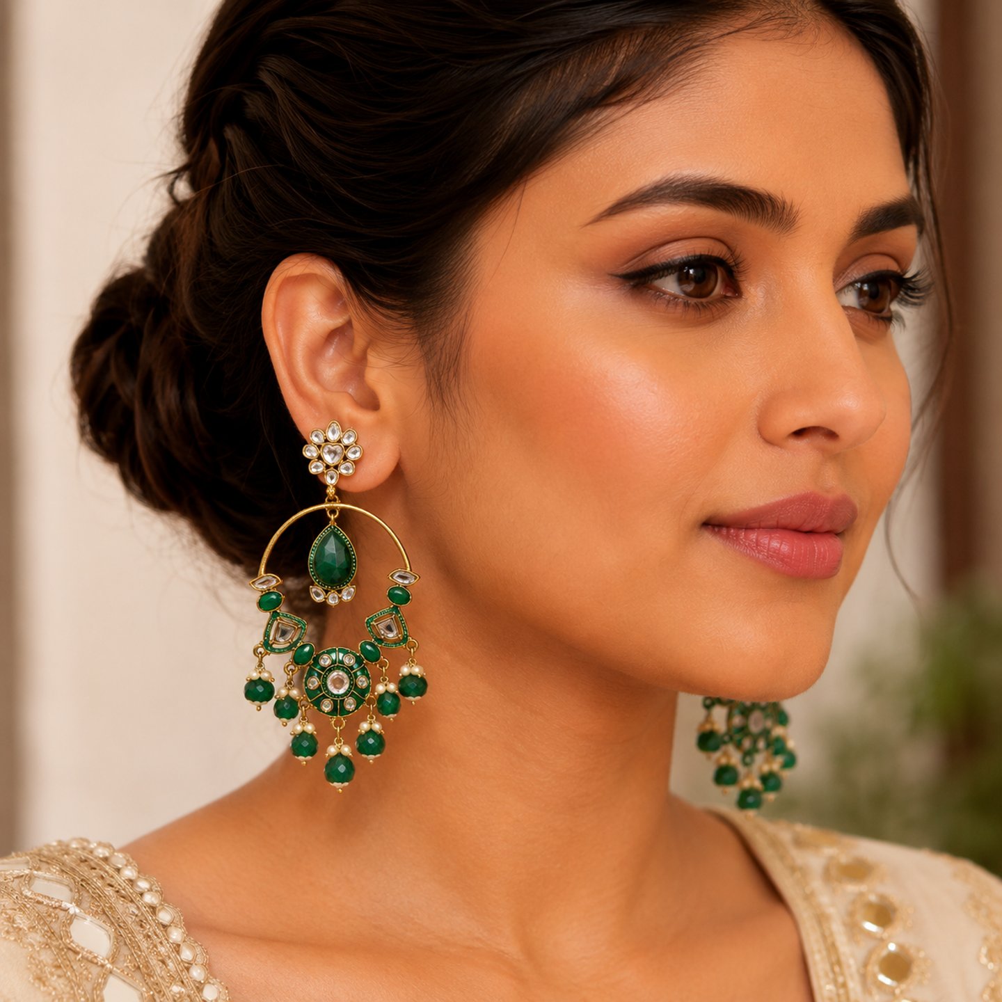 Jasmine Handwork Meenakari Kundan Fusion Chandbalis