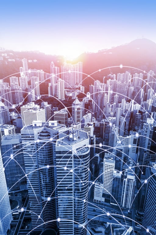 A cityscape connected by communication APIs.