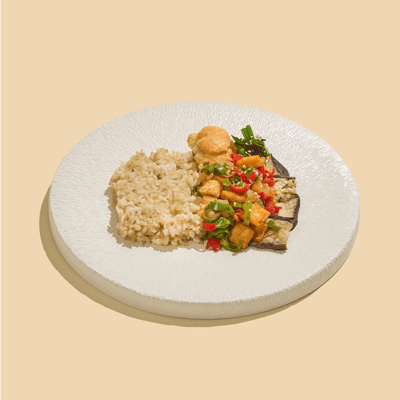 유부 깐풍 버섯가지스테이크와 현미밥