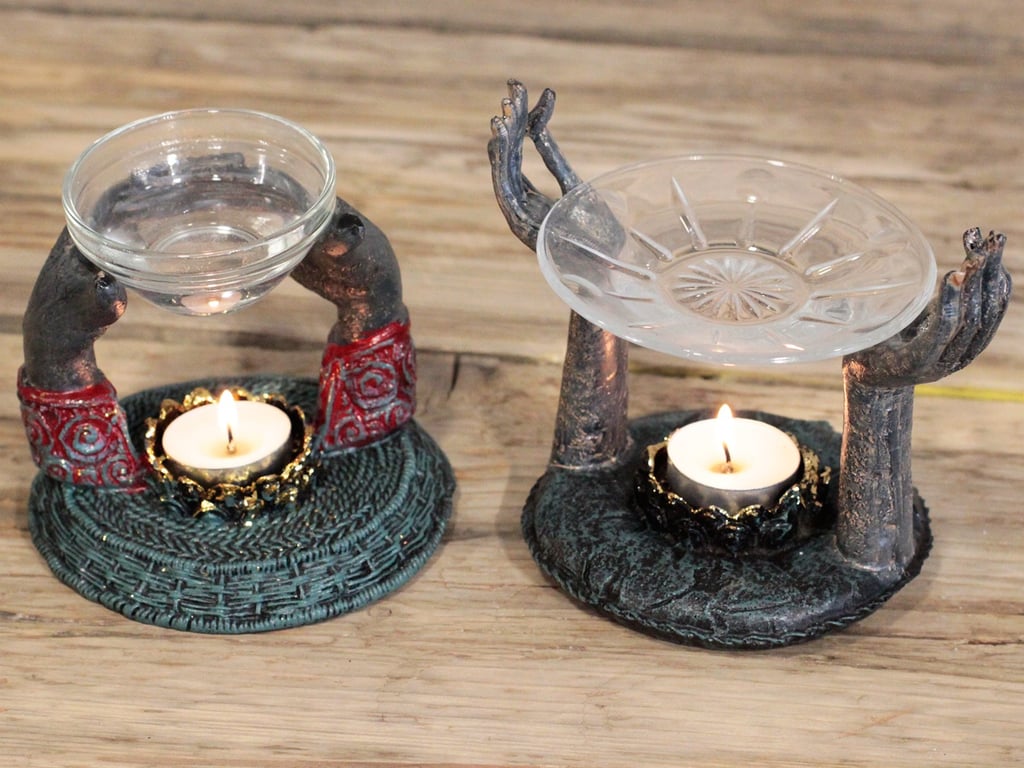 Antique Buddha Om Hands Oil Burner Meditation Lamp Incense Holder Spiritual Decor