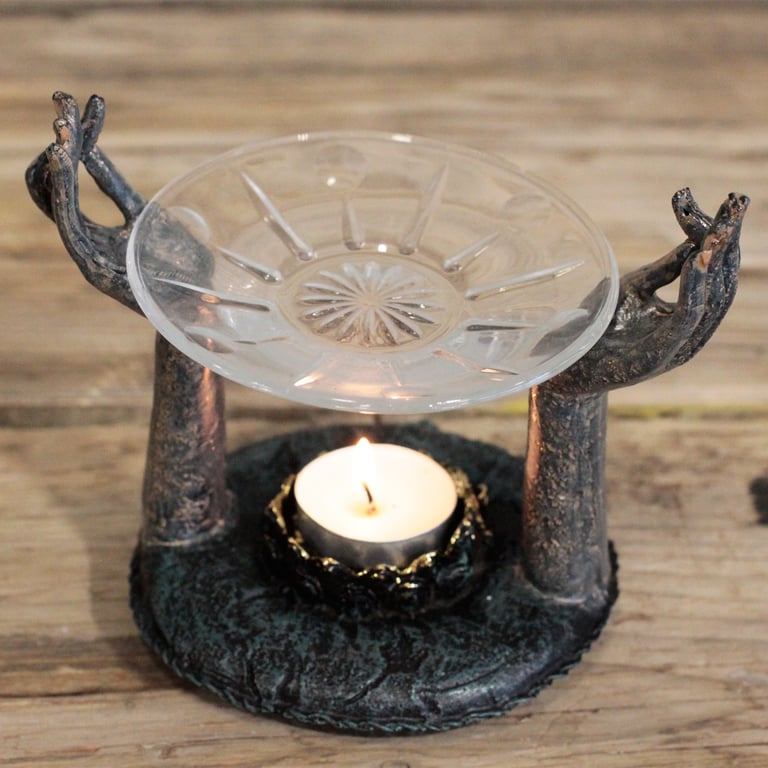 Antique Buddha Om Hands Oil Burner Meditation Lamp Incense Holder Spiritual Decor