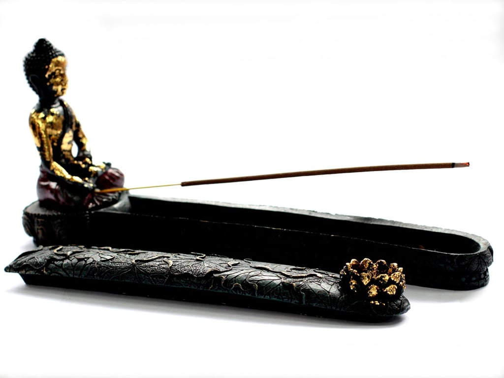 Antique Buddha Incense Burner & Box Set - Vintage Buddhist Storage Holder