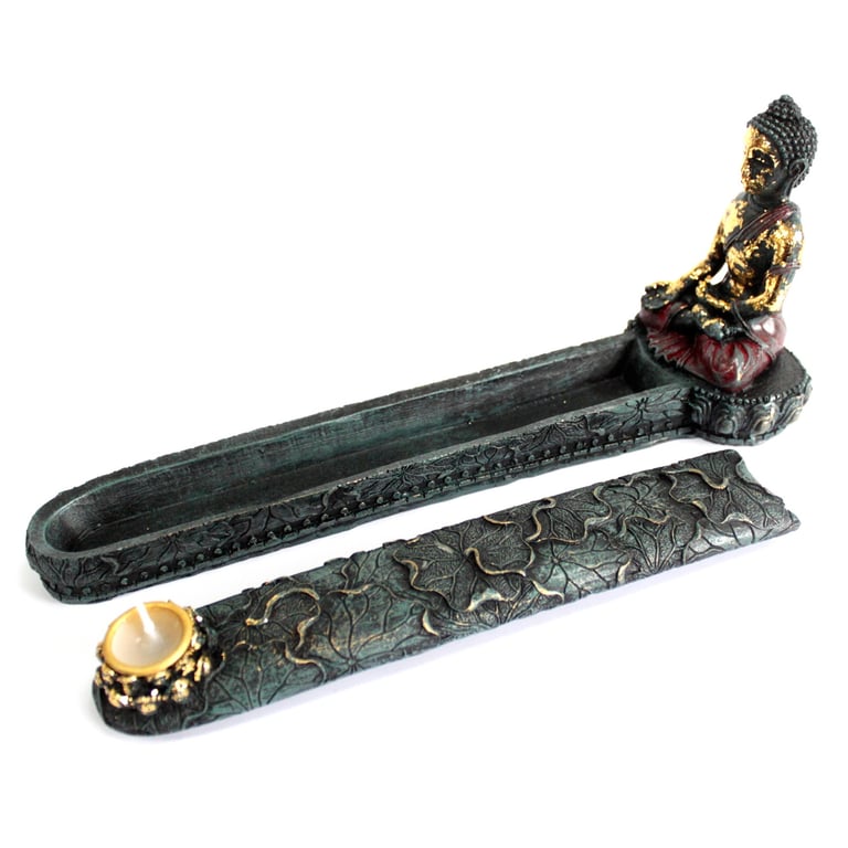 Antique Buddha Incense Burner & Box Set - Vintage Buddhist Storage Holder