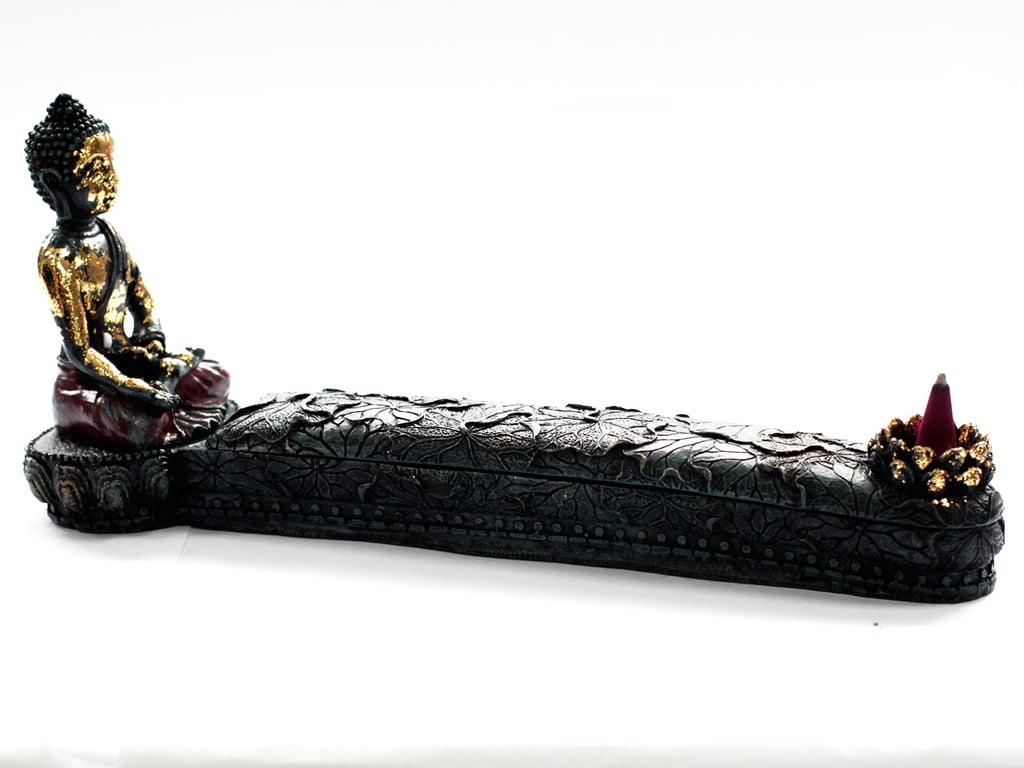Antique Buddha Incense Burner & Box Set - Vintage Buddhist Storage Holder