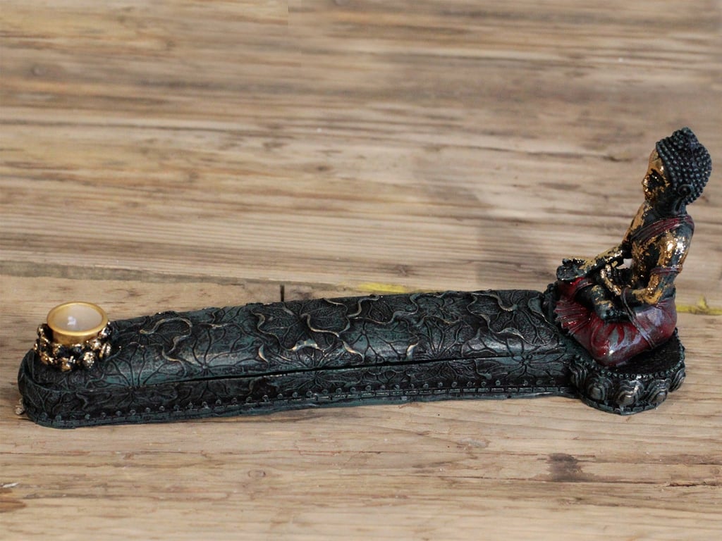 Antique Buddha Incense Burner & Box Set - Vintage Buddhist Storage Holder