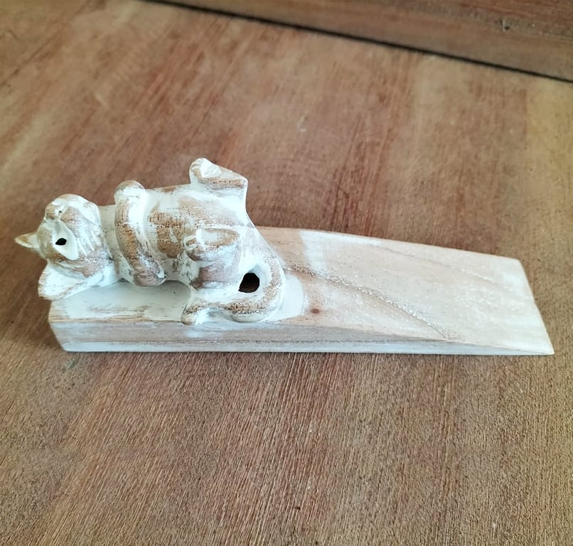 Hand Carved Wooden Kitten Doorstop - Unique Decorative Door Stopper