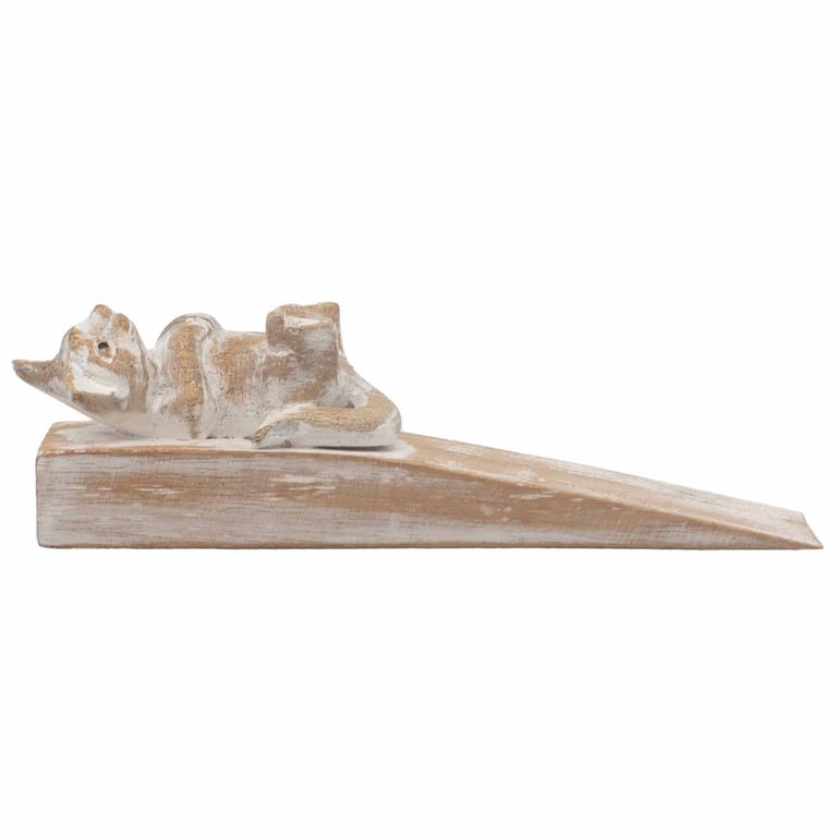 Hand Carved Wooden Kitten Doorstop - Unique Decorative Door Stopper