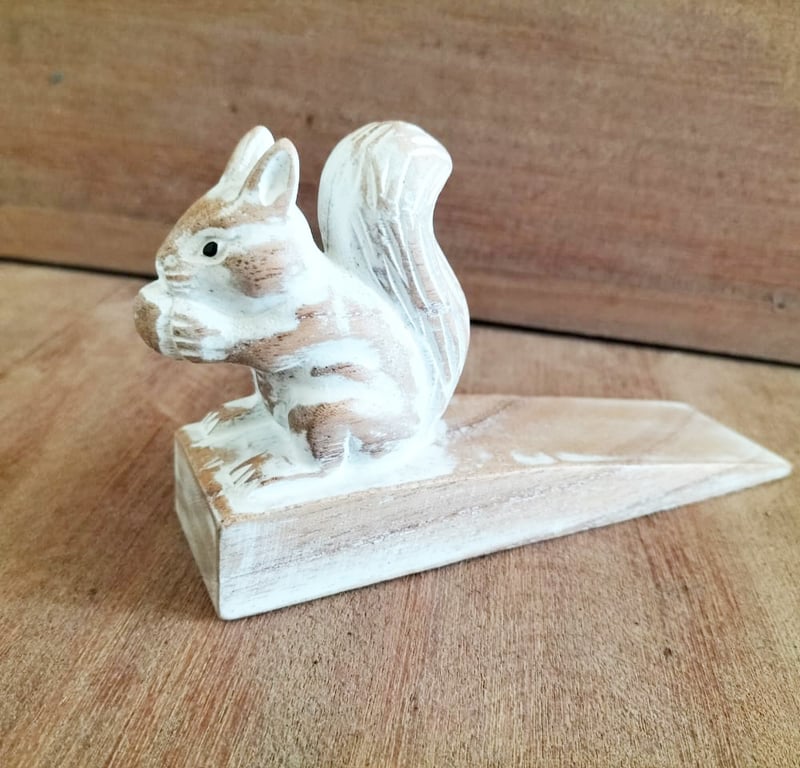 Hand Carved Wooden Squirrel Doorstop - Unique Rustic Home Decor Item