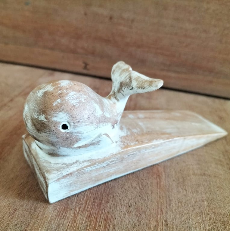 Hand Carved Whale Wooden Doorstop - Unique Decorative Home Accent