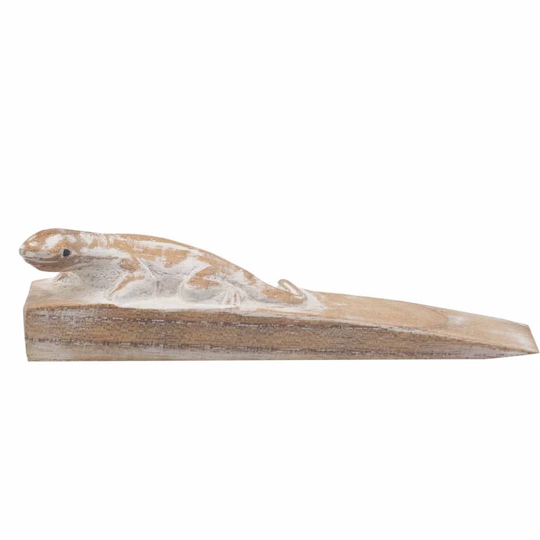 Hand Carved Wooden Gecko Doorstop - Natural Decorative Stopper