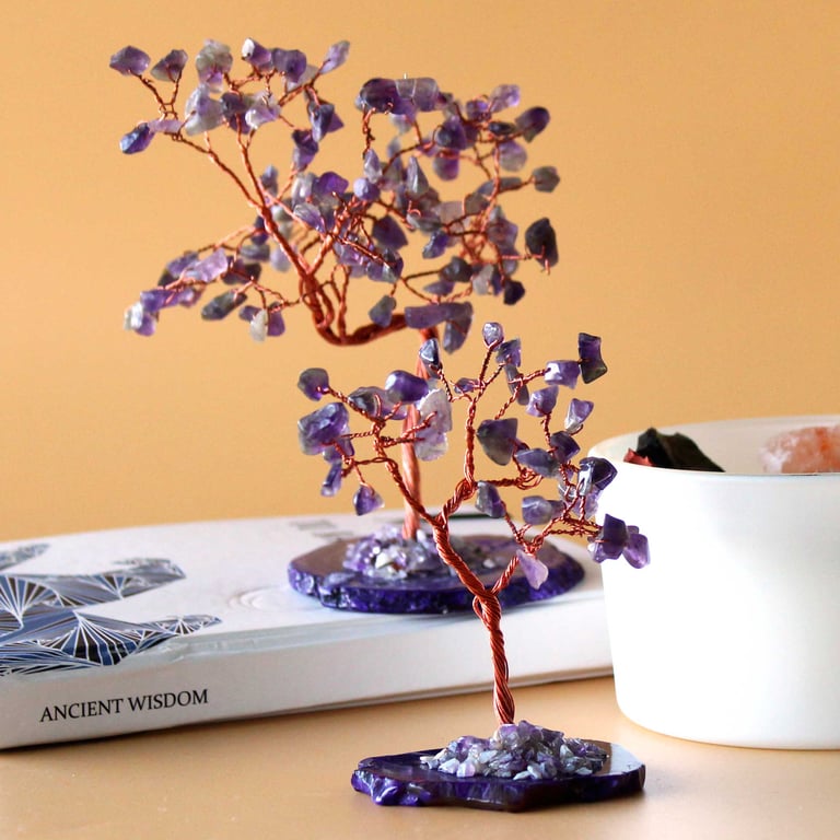 Amethyst Gemstone Tree on Natural Agate Base - 35 Stones of Crystal Decor Beauty