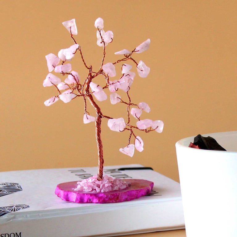 Rose Quartz Tree on Pink Agate Base - Natural Gemstone Decor for Home and Mindfulness