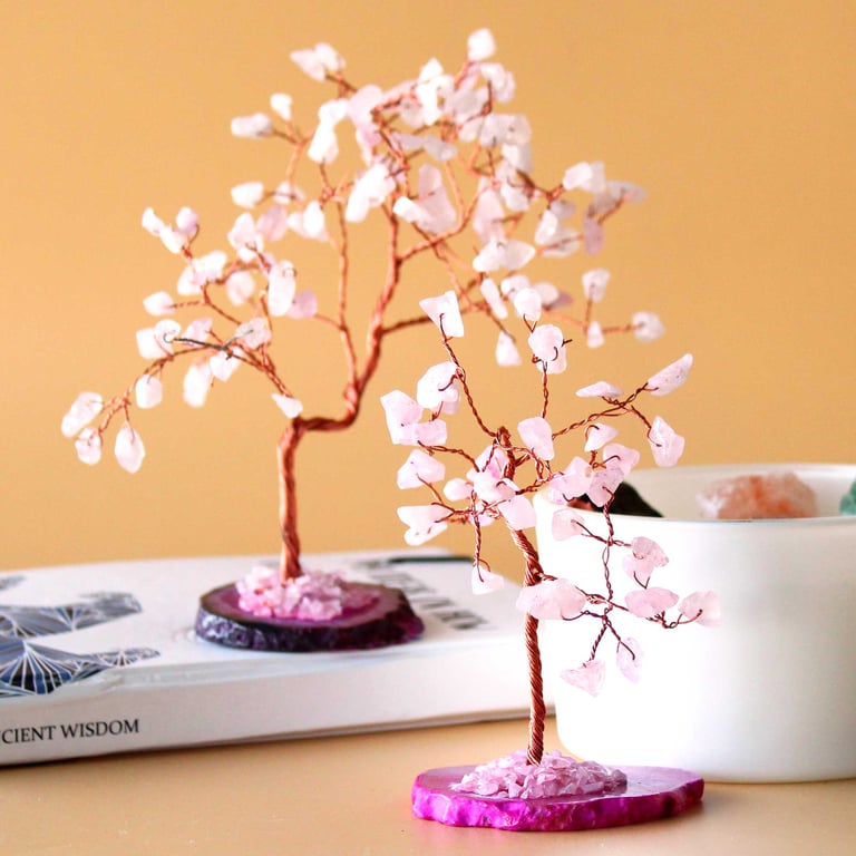 Rose Quartz Tree on Pink Agate Base - Natural Gemstone Decor for Home and Mindfulness