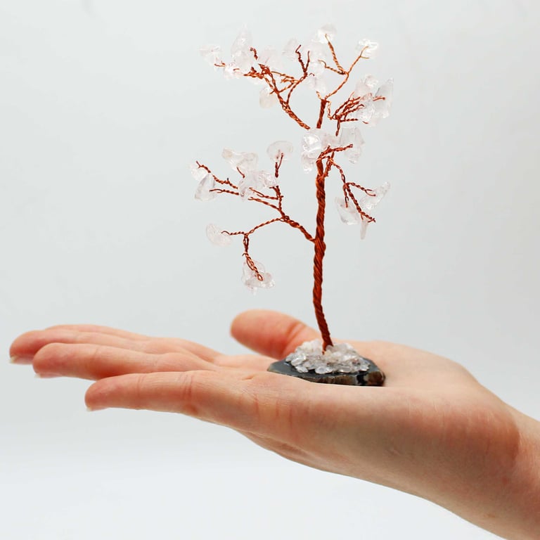 Rock Quartz Gemstone Tree on Black Agate Base - 35 Crystal Cluster Stones Home Decor Accent