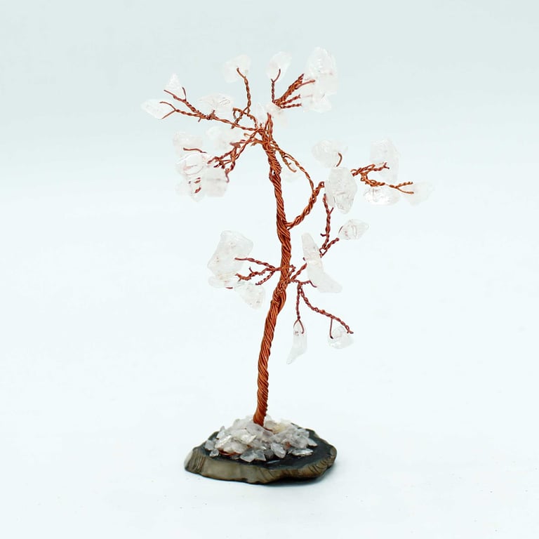 Rock Quartz Gemstone Tree on Black Agate Base - 35 Crystal Cluster Stones Home Decor Accent